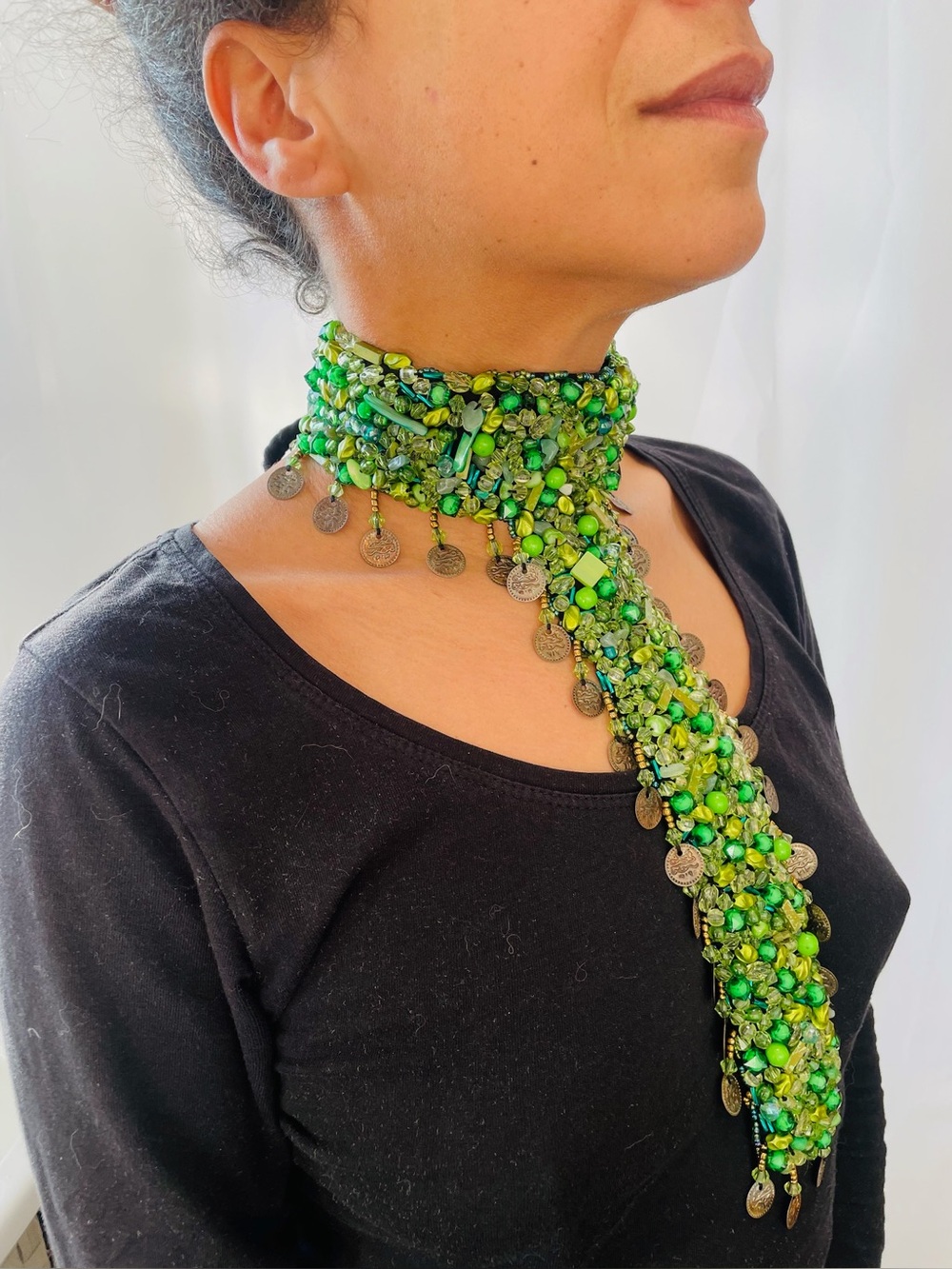 Beaded Choker Necklace, Green, Boho